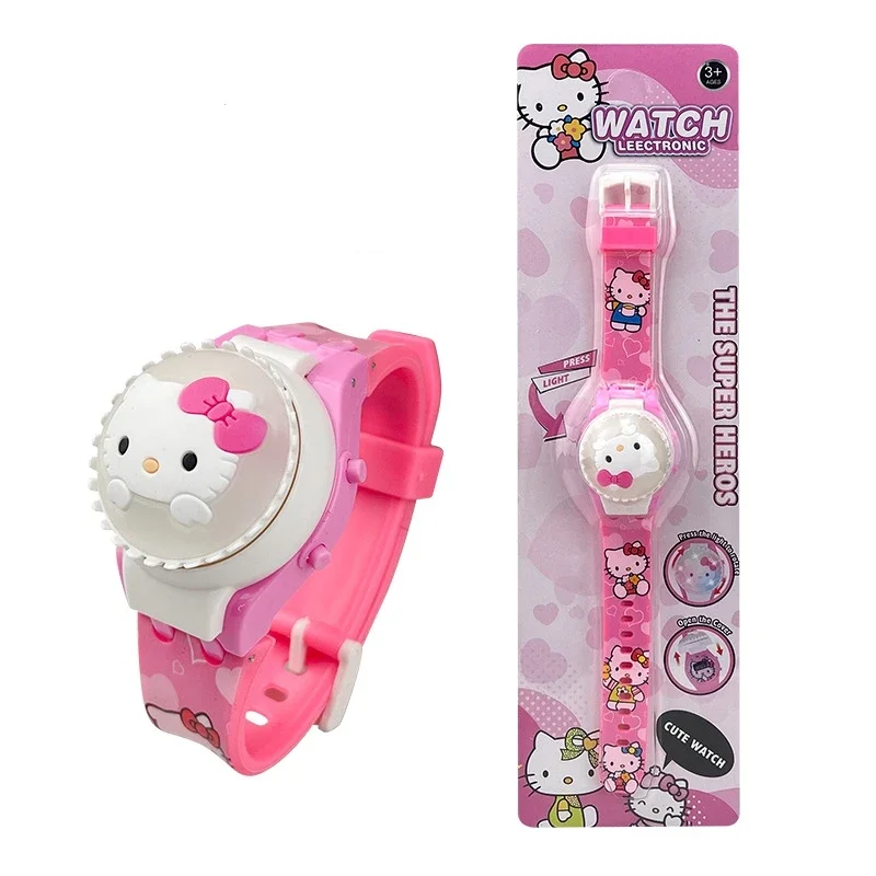 Spiderman Rotate Watch com Flash Light para crianças, relógios de desenhos animados para meninos e meninas, Hello Kitty, Sanrio Toys, presentes para crianças, novos