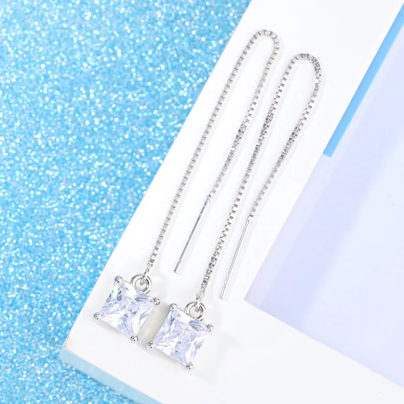 Elegant Long Tassel Drop Earrings Square Cubic Zircon Stone Pendant Box Chain Piercing Earring Female Dangle Ear Jewelry Gifts