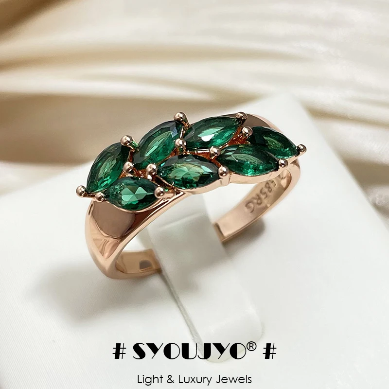 SYOUJYO Vintage Grün Zirkon Blatt Ringe Für Frauen 585 Rose Gold Farbe Luxus Ring Top Marke Edlen Schmuck Geschenk