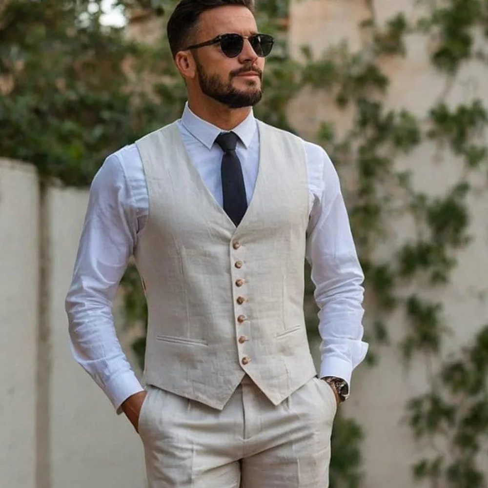 

Мужской классический жилет для костюма с прорезными карманами, элегантный, легкий, в деловом повседневном стиле, из льняной ткани, с V-образным вырезом, без рукавов