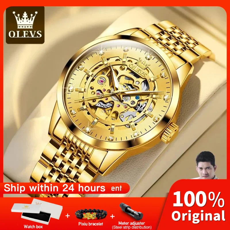 OLEVS 9920 Mens Watch Luxury Skeleton Automatic Mechanical Wristwatch For Men Waterproof Stainless Steel Luminous Watch For Men