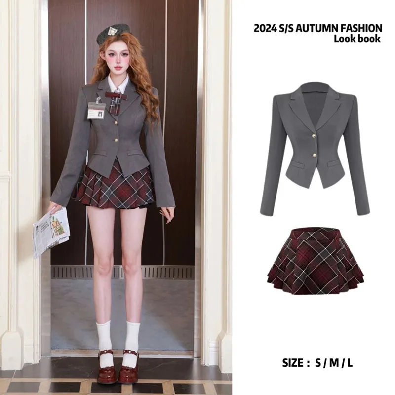 Women Suit 2024 Autumn Elegant Fashion Grey 2 Piece Sets Woman Slim Blazer Coat + Sweet Female Mini Skirt Korea Party Dress Set