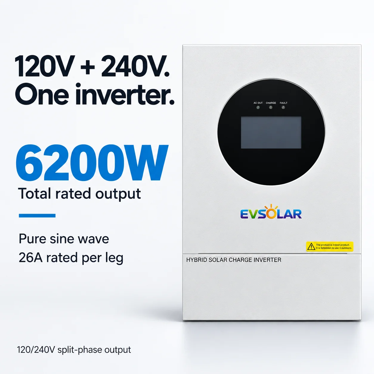 6200W 48V DC Hybrid Solar Inverter 120V/240V Split Phase CT Operation On/Off Grid Tie 120A MPPT Charger Max 500V 9000W PV Panel Input