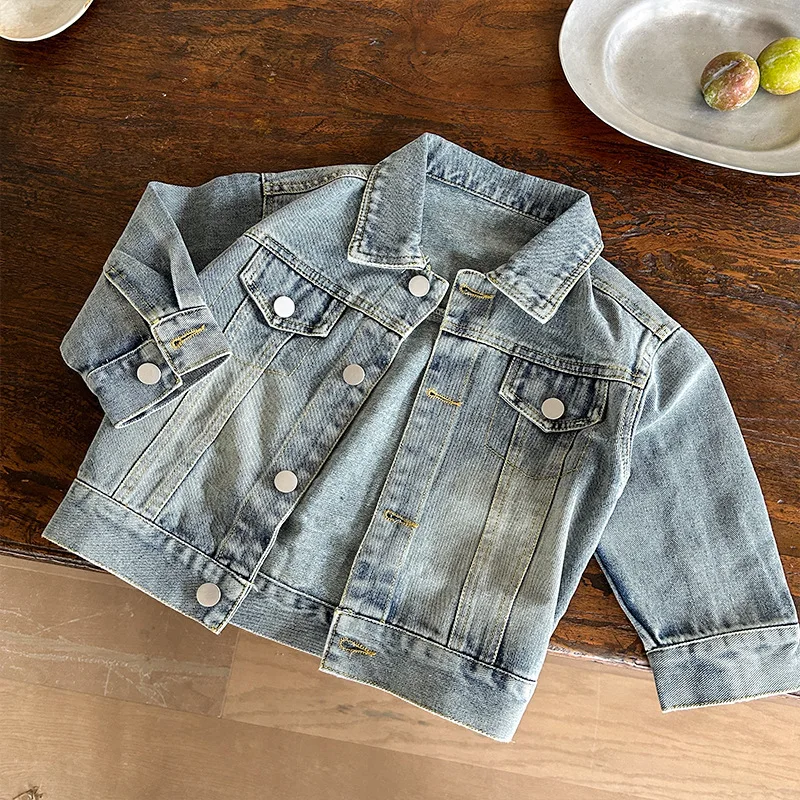 New Boys' Girls' Soft Denim Jackets Korean Kids Retro Cardigans Top Spring Sutumn Turn Down Collar Loose Jean Coats