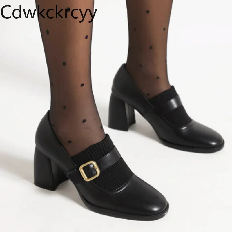 spring autumn fashion Square head high-heeled Women's Shoes Shallow mouth Buckle Simplicity grace Square heel Women Shoes