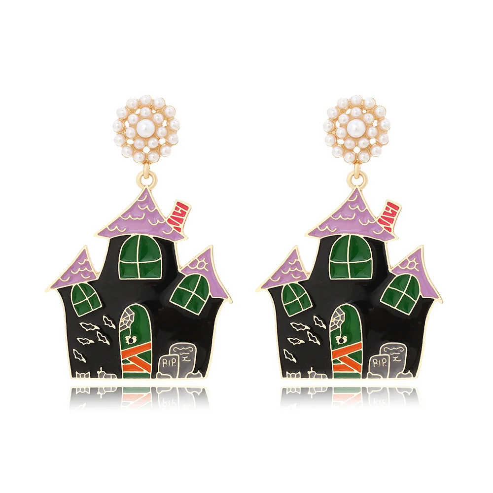 Creative Alloy Drip Horror Haunted House Pendant Earrings Fun Halloween Ghost House Earrings Female