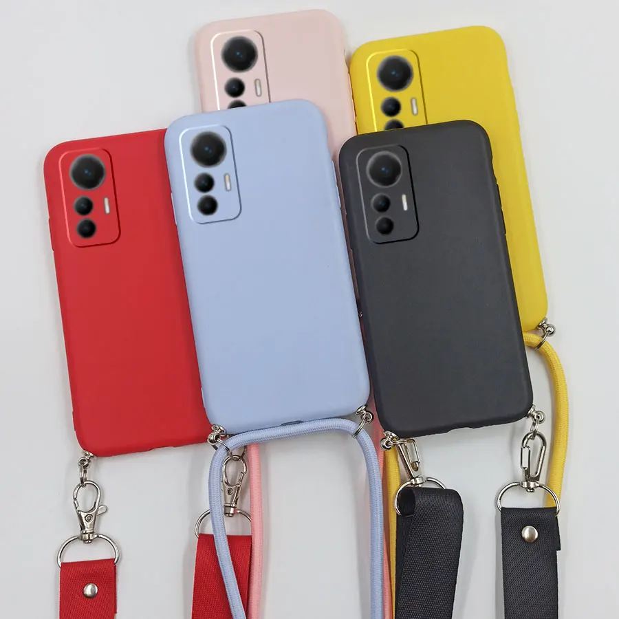 12 Lite Case with Strap Black Red Silicone Cute Matte Cover For Xiaomi Mi 12 Lite Mi 12Lite Case Crossbody Rope