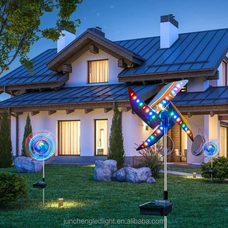 Solar Wind Spinner Windmill, Stake Light, LED colorido, Solar-Powered, Garden Park, Landscape Light