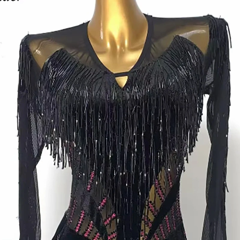 

Женское высококачественное черное сетчатое платье с кисточками для соревнований по латинским танцам, платье со стразами для выступлений в стиле самбы