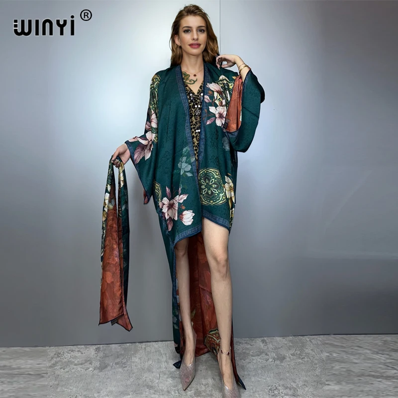 WINYI Summer beach outfits Cover Up Irregular cardigan abaya muslim woman dubai luxury Silky Holiday Kimono dress