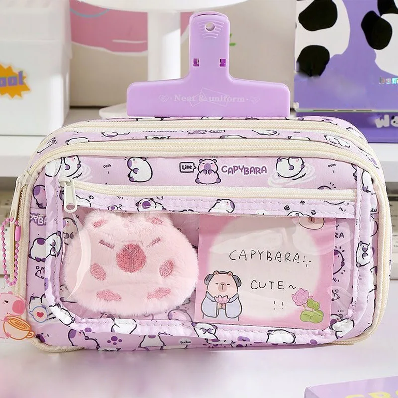 Cartoon Paarse Capybara Potlood Opbergtas Kawaii Pennenbakje Grote Capaciteit Etui School Briefpapier Case Make-up Tas