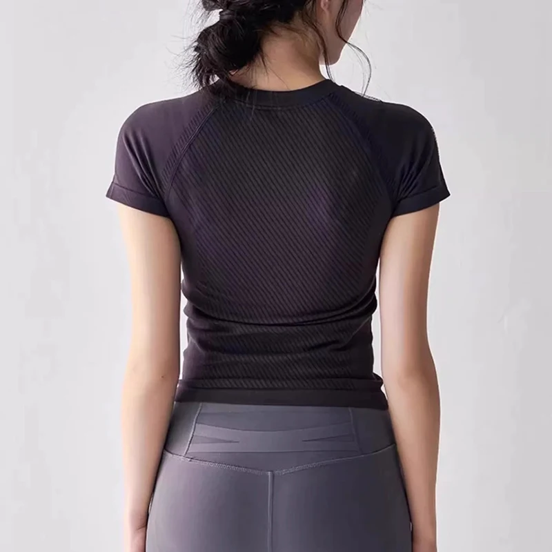 Damen Yoga Fitness Kurzarm-Shirt, Sommer Neu Atmungsaktiv Schnelltrocknend Schlankmachendes Yoga-Sport-T-Shirt – Detail 5
