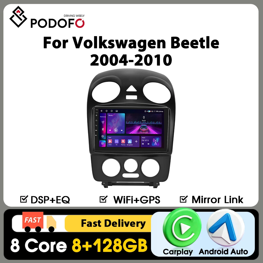 Podofo 9" Carplay Autoradio für Volkswagen Beetle 2004-2010 Intelligentes Autoradio Android Auto GPS-Navigation KI-Sprachsteuerung WIFI 25G FM RDS Mirrorlink Geteilter Bildschirm