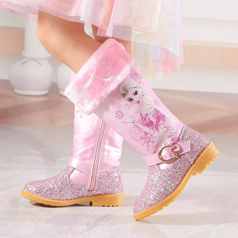 أحذية الشتاء للفتيات من إلسا، أحذية الثلوج القطيفة المجمدة للأطفال، أحذية الأميرة الدافئة