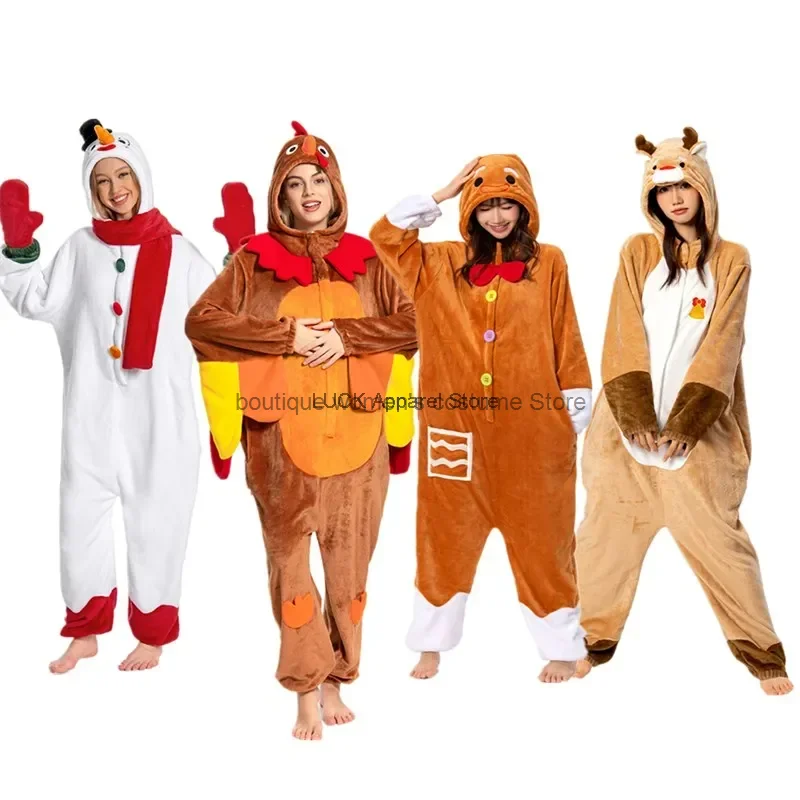 Weihnachten Cosplay Erwachsenen Cartoon Truthahn Pyjama Rentier Schneemann Flanell Nachtwäsche Overall Kostüm Halloween Karneval Party Anzug