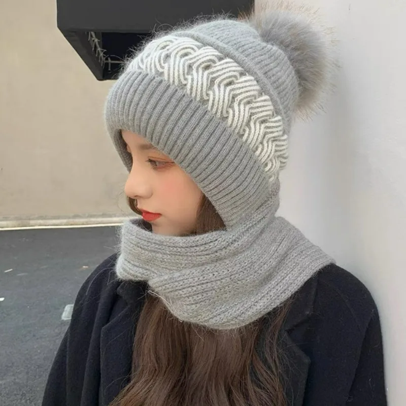 Two-piece Set Hat Scarf Autumn Winter Warm Fashion Knitted Fleece Soft Hat Scarf Caps Thickened Ear Protection for Women Men