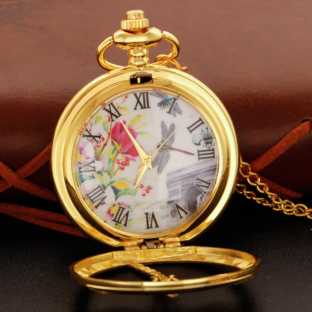 Exquisite Insect Dragonfly Specimen Gold Cute Mini Quartz Pocket Watch Men and Women Necklace Clock Fashion Gift Accessories