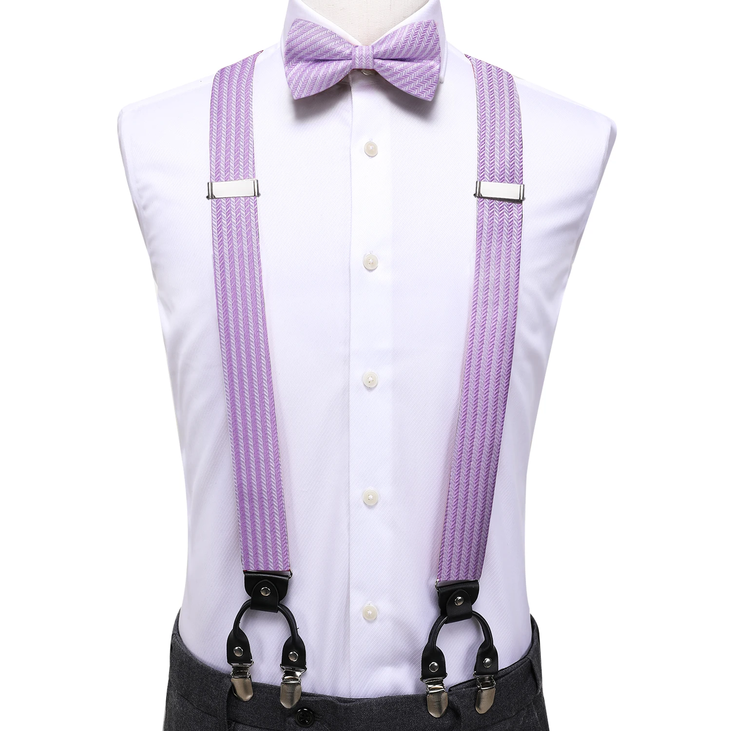 Hi-Tie Lilac Violet Silk Men Suspender Bowtie Hanky Cufflink Adjustable Clip On Brace for Male Wedding Business Wholesale