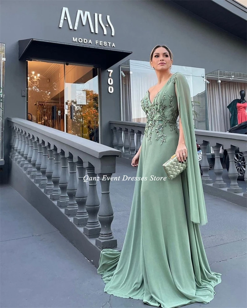 Qanz Arabic Green Dubai Evening Dresses Cape Sleeves Elegant Women Wedding Party Dresses Sukienki Na Studniówkę Customized