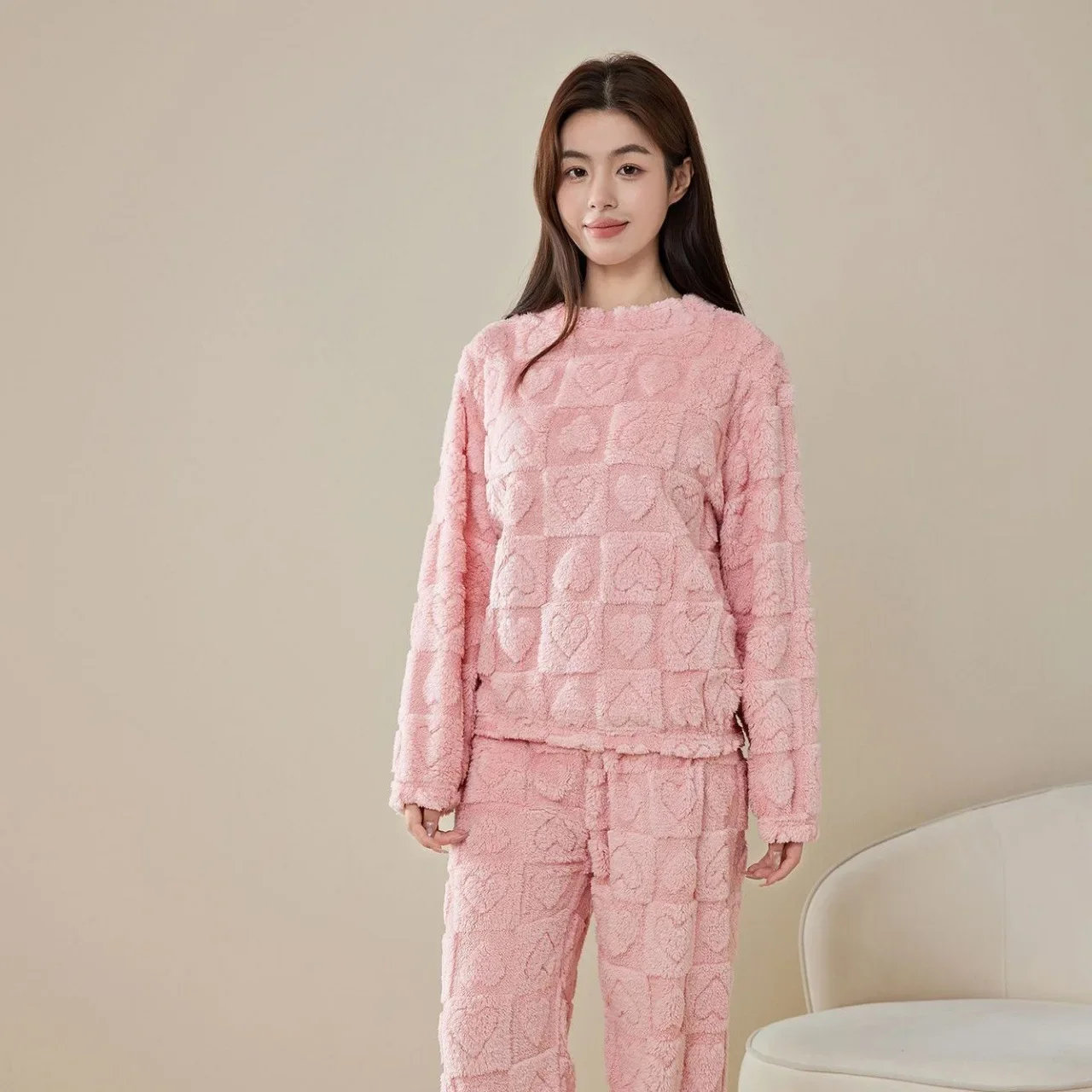 

Women's Coral Fleece Sleepwear Loose Thick Home Clothes Autumn Winter New Style Warm Heart Set Outdoor Wear Fairy Style