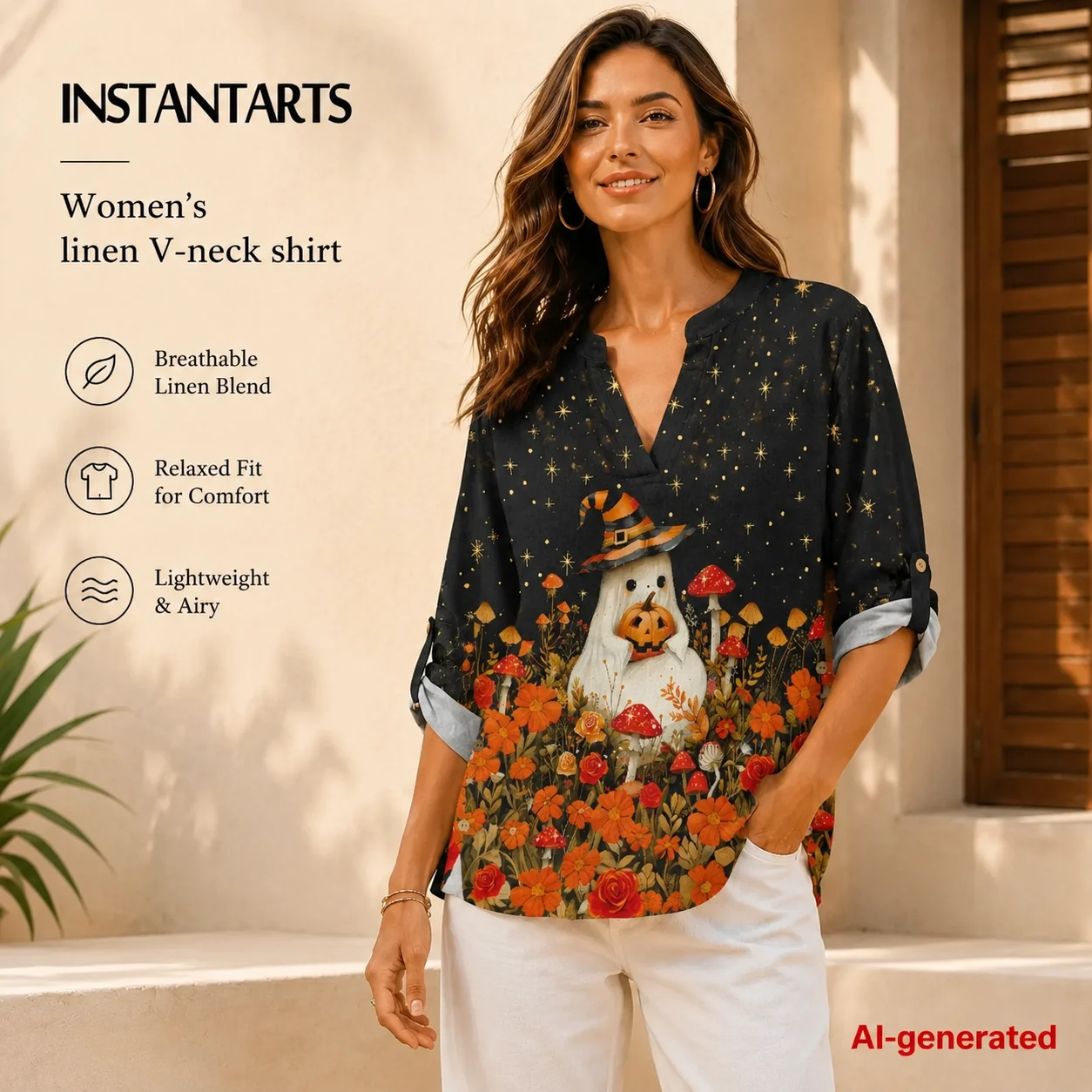 INSTANTARTS Woman Clothing Women's Linen V-Neck Shirt Halloween Shirt Woman Ropa De Mujer 2026 Tendencia Cheap Clothes S-3XL