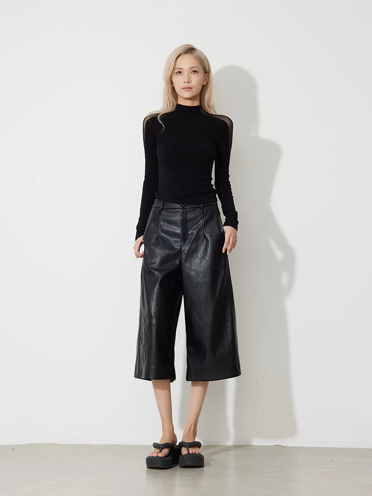 

Брюки RUGOSAM Premium из искусственной кожи с широкими штанинами, укороченные (7/8), новинка ранней осени, модные женские кожаные брюки, 100% полиэстер