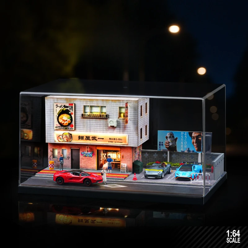 

Simulation 1/64 Japanese Ramen Store Scene Car Model Parking Lot Micro-architecture Desktop Display Box Home Decor Collection