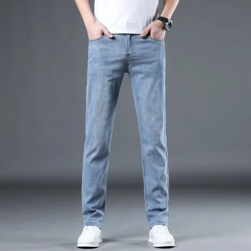 

2023 Spring Summer New Men's Slim Thin Jeans Retro Light Blue Cotton Stretch Denim Pants Male Fashion Casual Brand Trousers