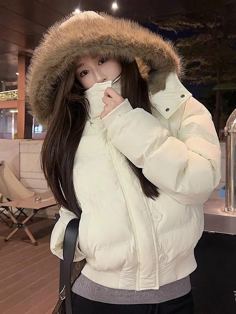 

Korean Women's White Long Sleeved Hooded Short Down Coat Winter Blue Warm Single Breasted Cotton Jacket Tops Fashion Thick Trend