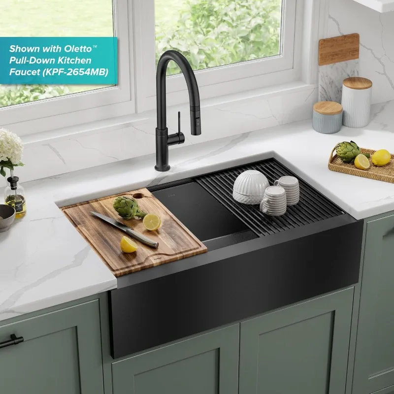 KRAUS Kore Workstation 33-inch Farmhouse Apron Front 16 Gauge Black Stainless Steel Single Bowl Kitchen Sink