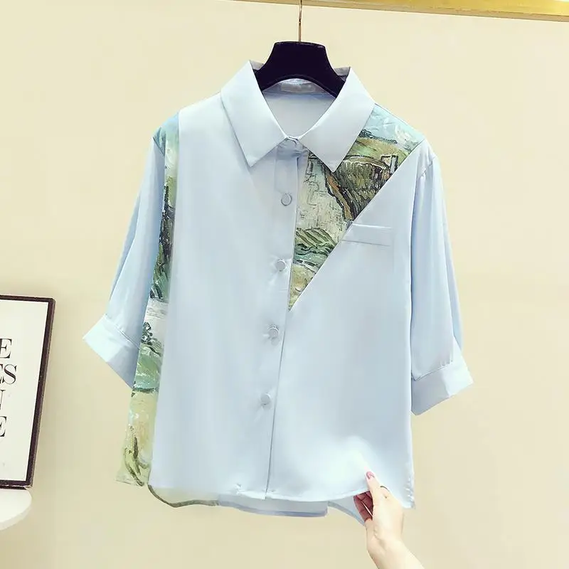 Women Fashion Vintage Print Patchwork Button Up Shirt 2024 Summer Turn Down Collar Chiffon Blouse Casual Half Sleeve Loose Tops