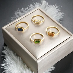 ZMfashion Vintage Square Zircon Stone Ring For Women Simple Versatile Stainless Steel Gold Color Finger Jewelry Party Accessory