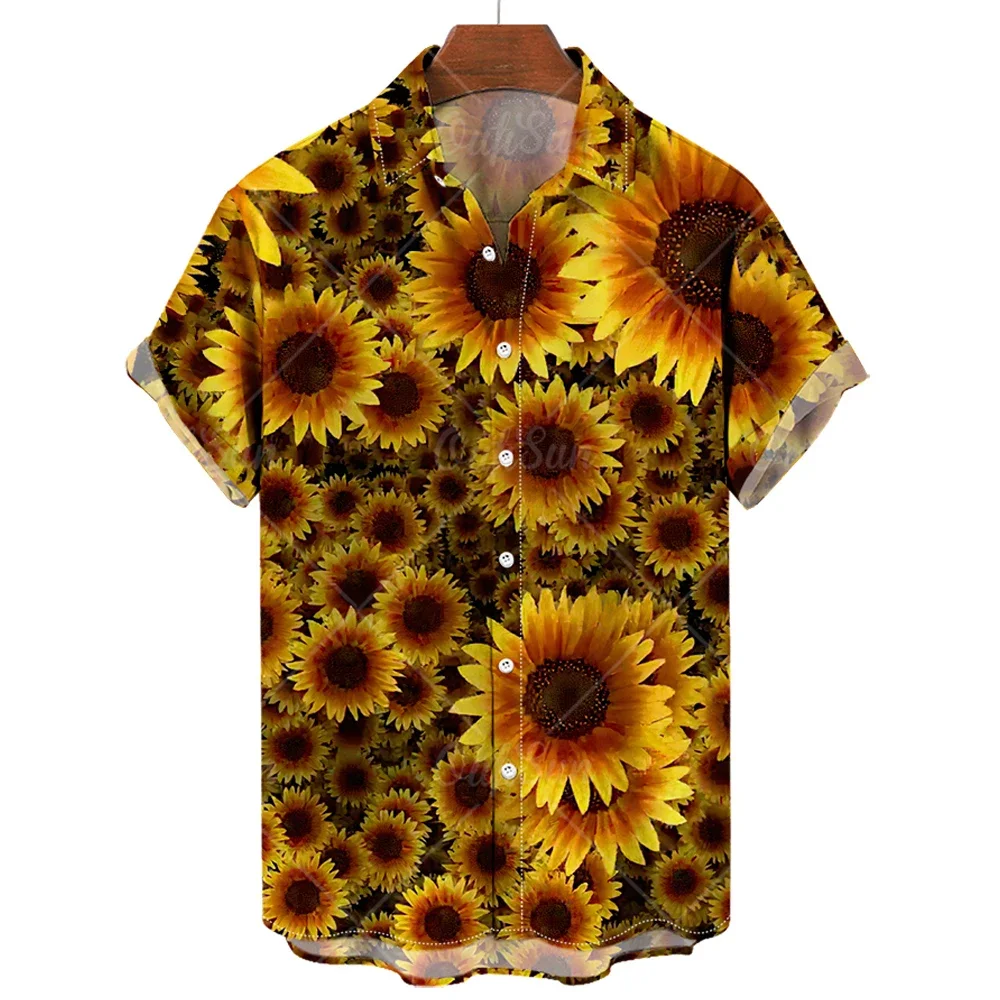 Sunshine sunflower print Hawaiian men\'s beach style short-sleeved shirt loose casual large size men\'s shirt 2023 new style