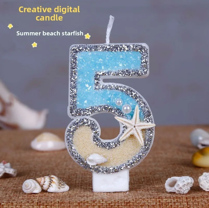 Beach Starfish Number Birthday Candles 0-9 Summer Ocean Themed Cake Topper Candle for Kids Adult Birthday Party Table Decoration