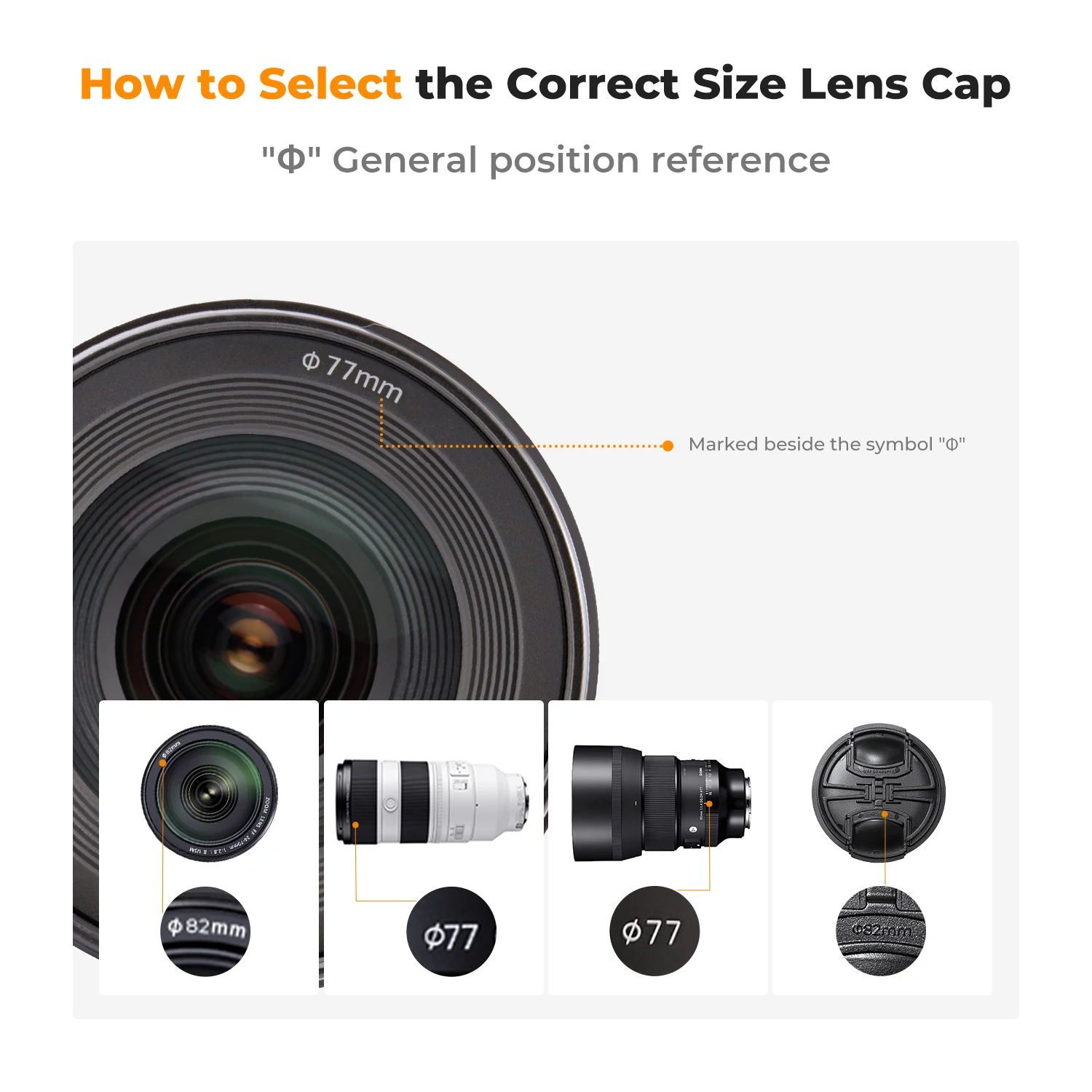 K&F CONCEPT Snap-On Center Pinch Lenses Cap 4 in 1 with Anti-Loss Keeper Leash for Nikon Canon Sony Leica Fujifilm Camera Lenses