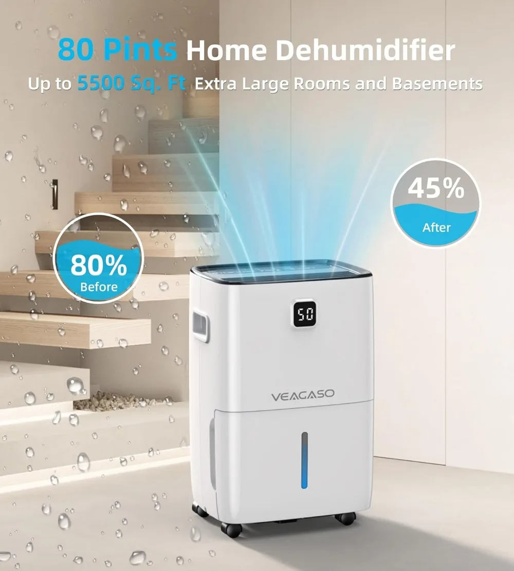 5500 Sq. Ft Dehumidifier for Basement with Drain Hose,80 Pints Dehumidifiers for Home Large Room Bathroom,Auto Defrost,24H Timer