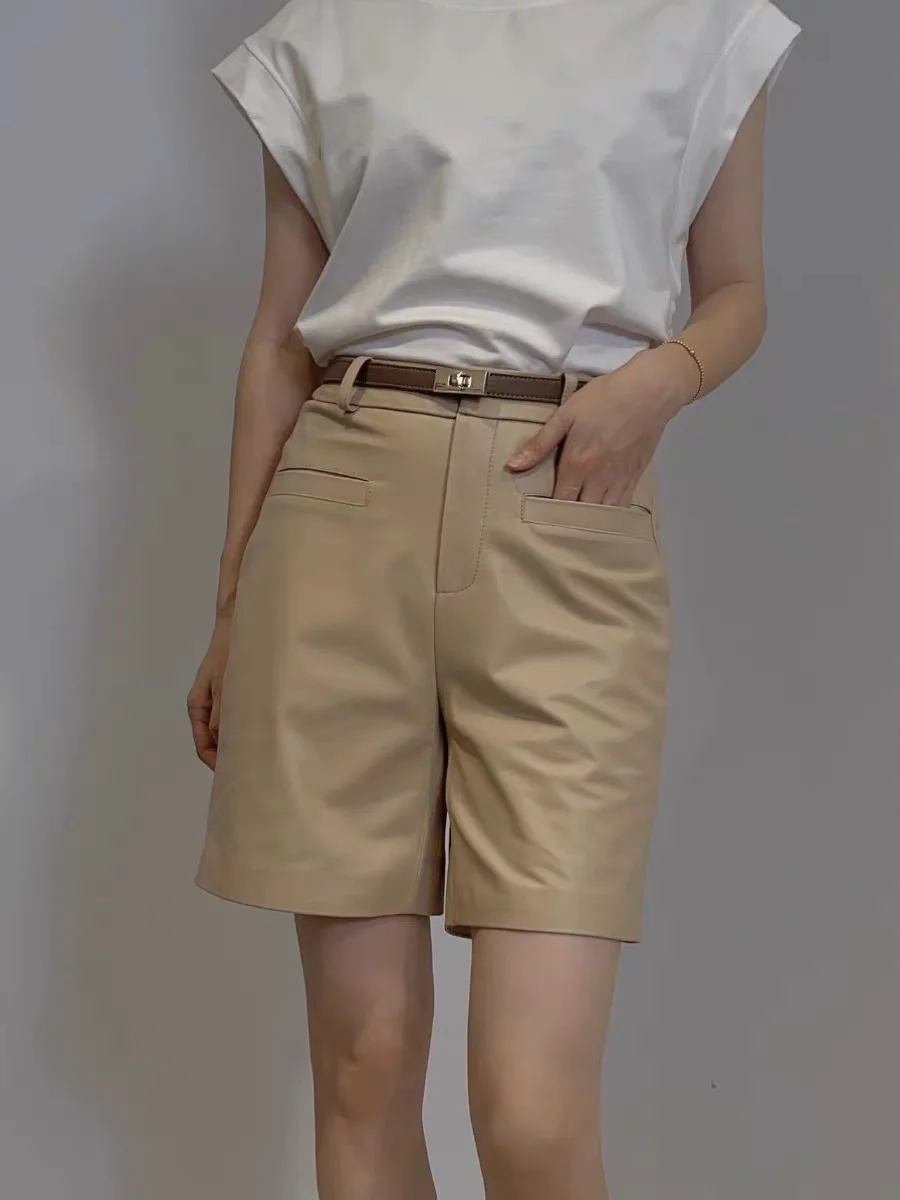 Fashion Genuine Leather Shorts For Women Straight Shorts Spring Chic Ladies High Waist Imported Sheepskin Casual Leather