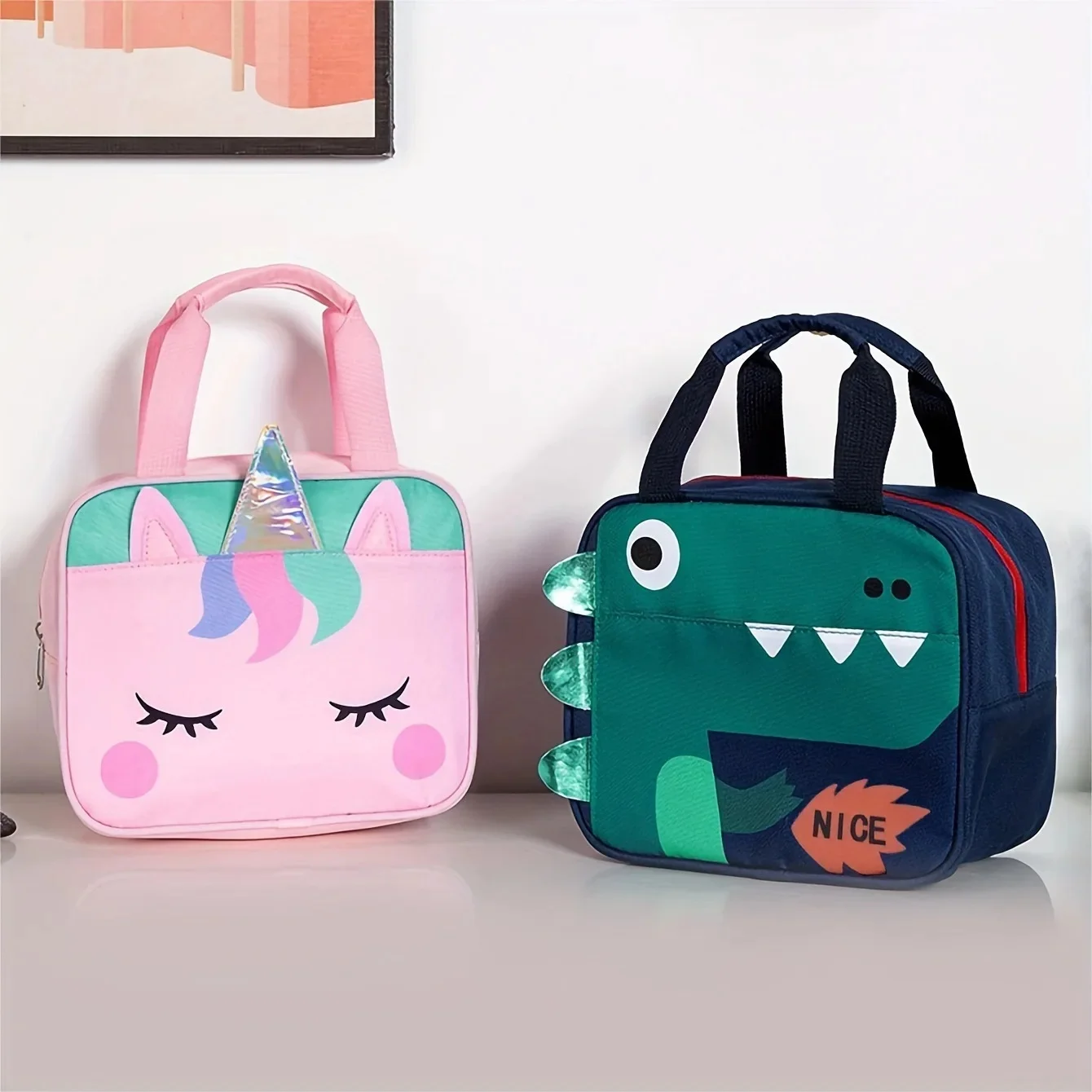 

Cartoon Unicorn & Dinosaur Insulated Lunch Bag, Reusable Thermal Cooler Tote with Handle