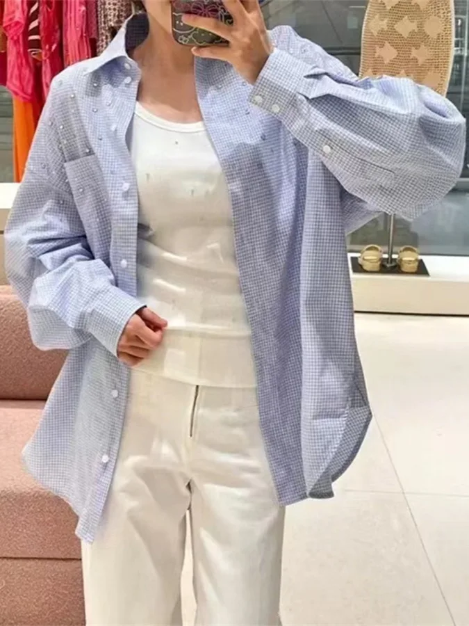 Blusa casual solta de manga comprida feminina, gola virada para baixo, de peito único, diamante, nova, primavera, verão, 2022