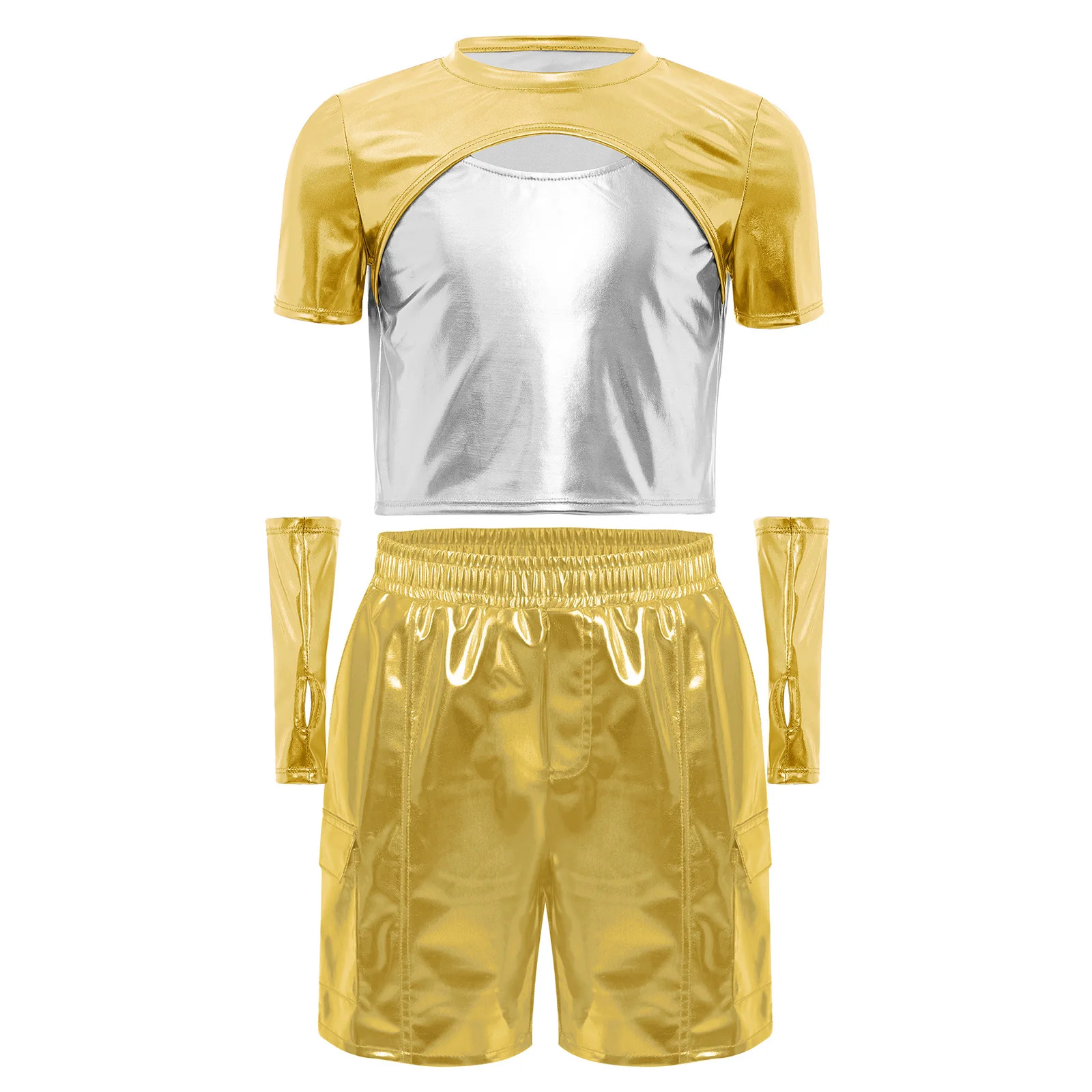 

Kids Girls Hip-Hop Jazz Dance Costume Short Sleeve Cutout Color Block Metallic Top with Gloves and Cargo Shorts Pants Outfit
