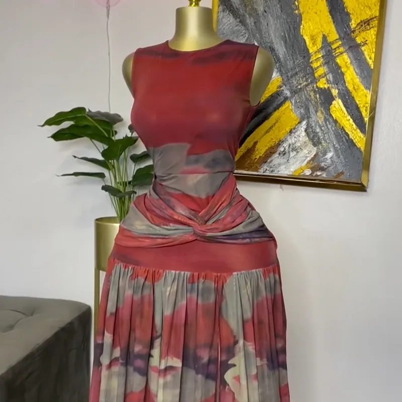 Women's 2025 Spring New Sweet and Fresh Printed Round Neck High Waist Split Dress Long Skirt Summer Dress Robe Vestido Women