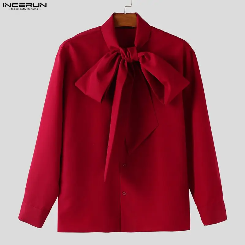 INCERUN قميص رجالي بلون سادة مع فيونكة وأكمام طويلة ملابس رجالية غير رسمية فضفاضة موضة أنيقة ملابس الشارع الشهير قمصان قمصان