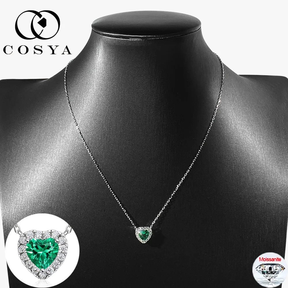 

COSYA 1CT/2CT Heart Cut Lab Grown Colombian Emerald Necklace For Women 100% S925 Silver D VVS1 Moissanite Party Fine Jewelry