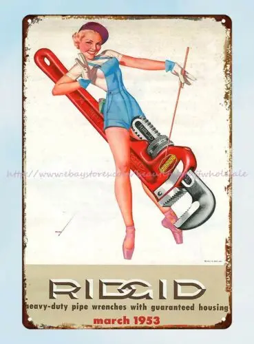 Ridgid pipe wrench pin up ad 1953 metal tin sign house decorations