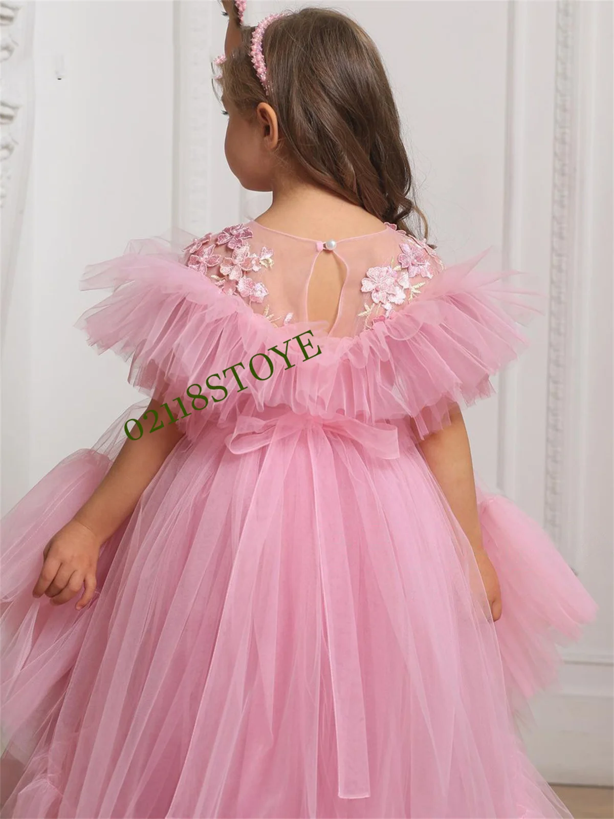 Pink Flower Girl Dresses Tulle Puffy High-Low Style Princess Dress Cute Baby Girl Party Dress First Communion