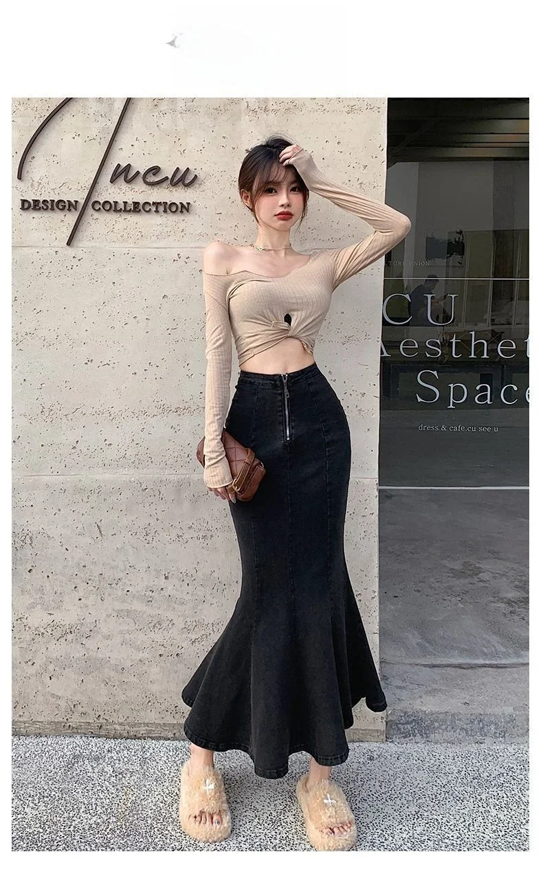 2026 Solid Slimming High Waist Midi A- Line Skirt Woman Trumpet Sides for Women Denim Half-length Skirt with Flounce