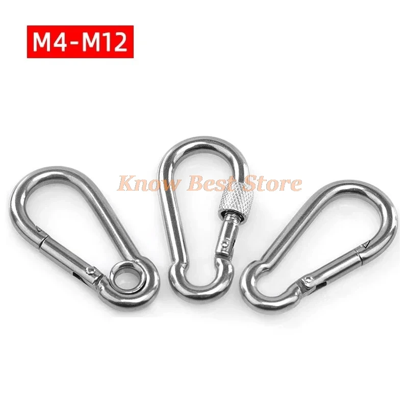 1PCS 304# Stainless Steel Spring Carabiner Hasps Mountaineering Buckle Keychain Safety Hook Sizes M4 To M12