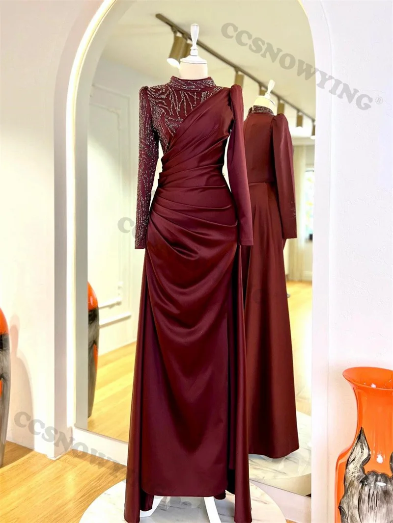 

Burgundy Satin Appliques Beaded Muslim Evening Dresses Long Sleeve Hijab Islamic Women Formal Party Gown Arabic Robe De Soiree