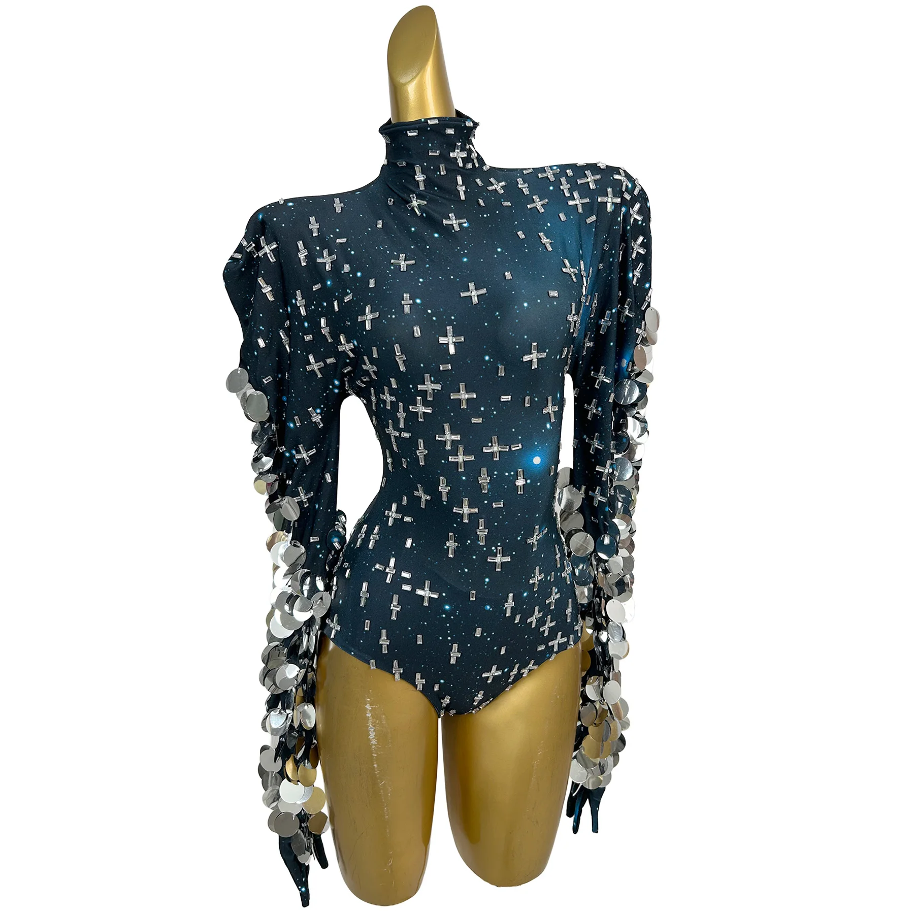 Spandex Elastic Sparkly Rhinestone Sequins Long Sleeves Bodysuit Nightclub Costume Party Outfit Drag Queen Performer Wear Yuzhou