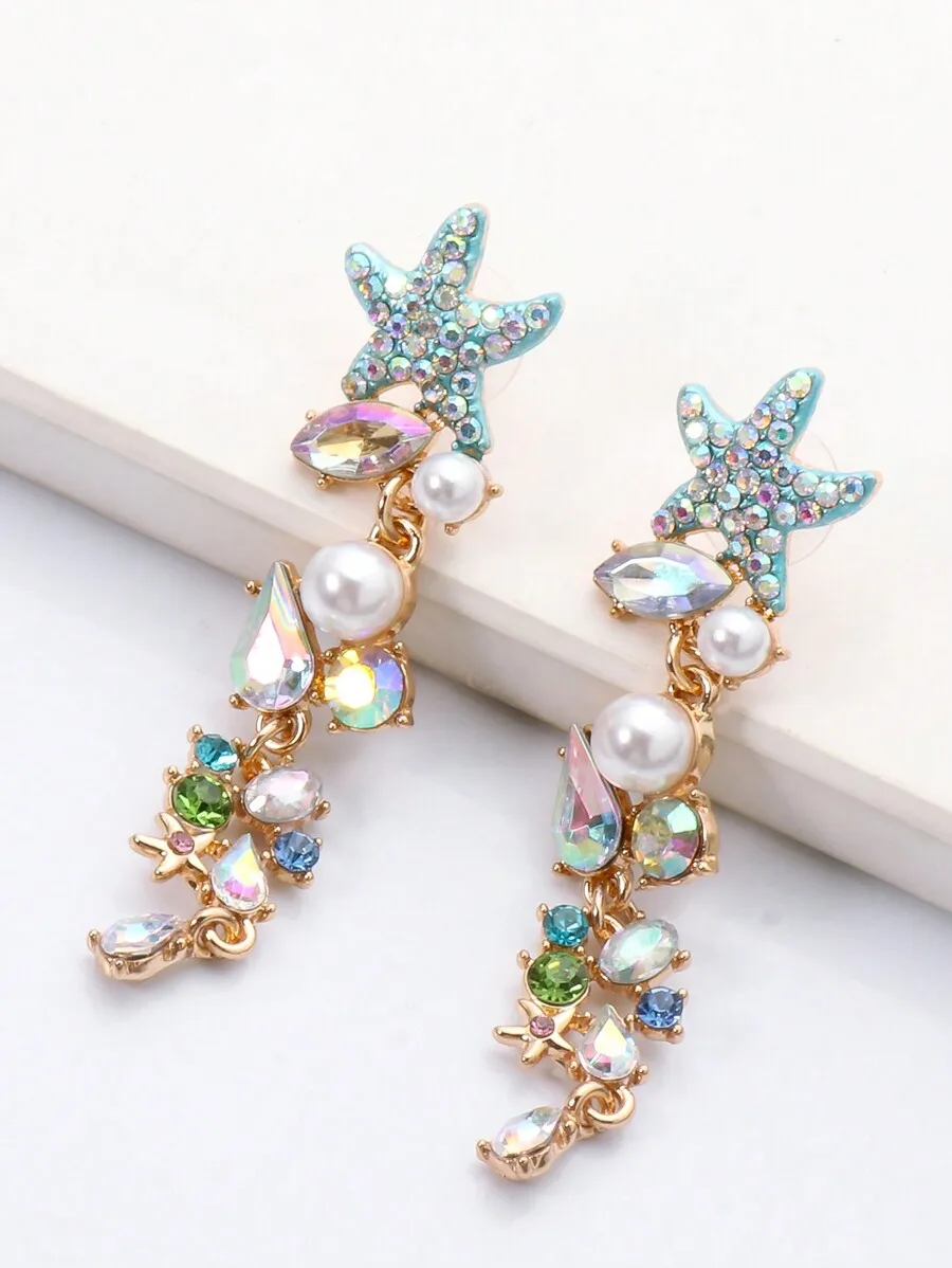 Starfish Pearl Rhinestone Earrings Beach Jewelry